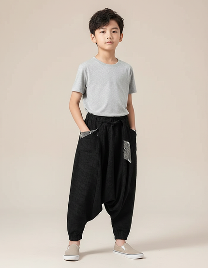 Pantalon Chinois Noir Coton Sarouel Ample Garçon