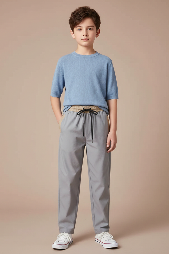 Pantalon Chinois Gris Léger Droit Élastique Garçon - Polyester