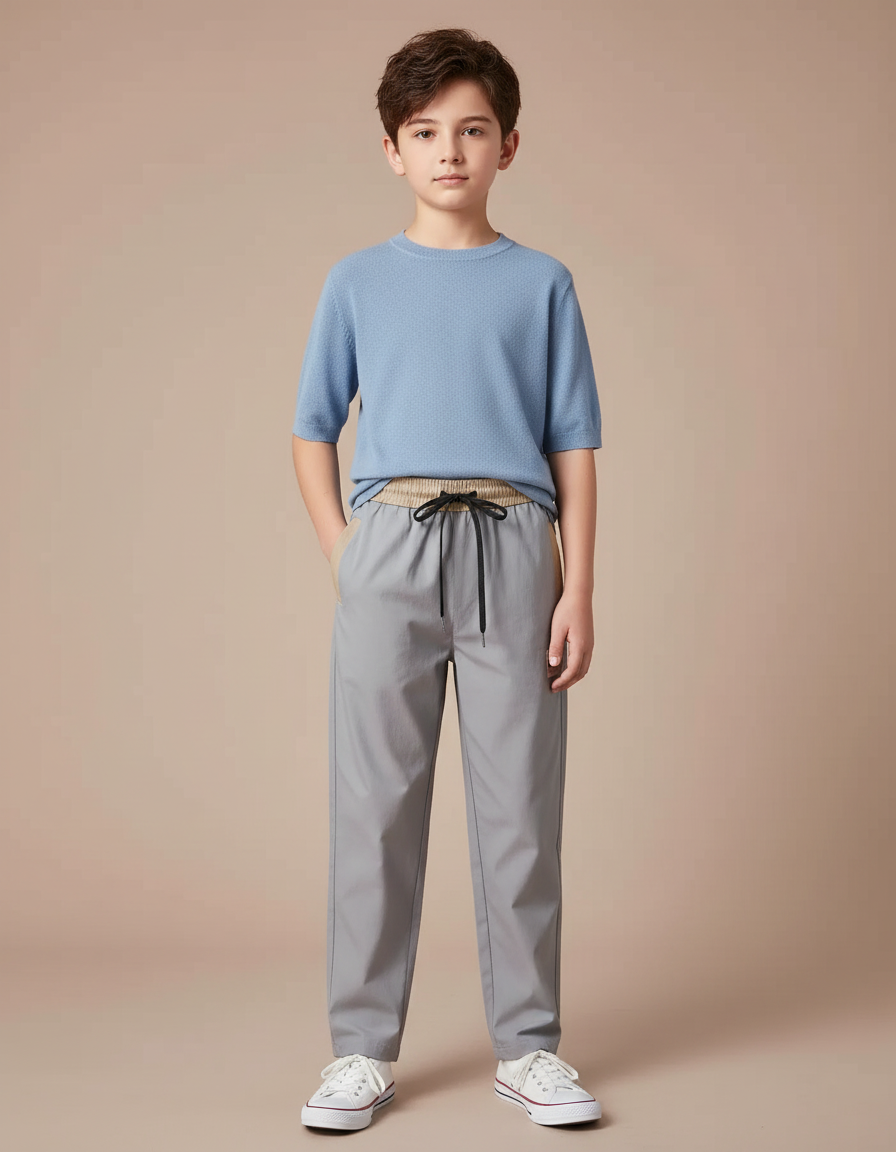 Pantalon Chinois Gris Léger Droit Élastique Garçon - Polyester