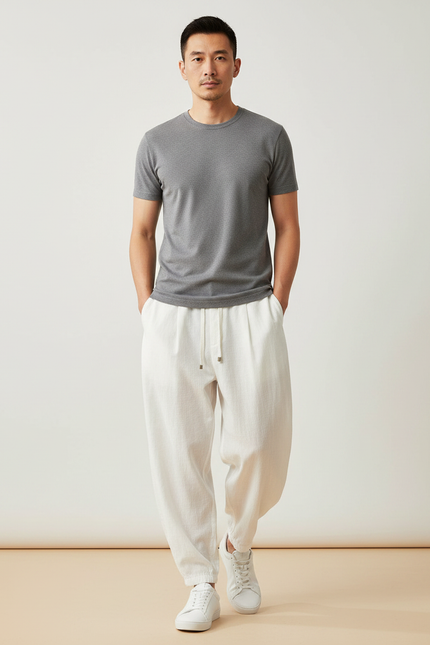 Pantalon Chinois Blanc Ample Coton Lin Casual Homme