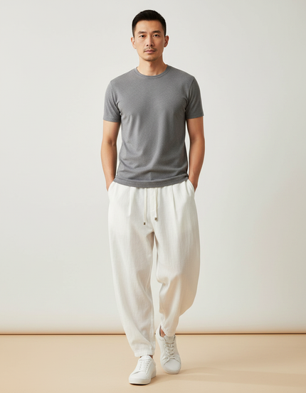 Pantalon Chinois Blanc Ample Coton Lin Casual Homme