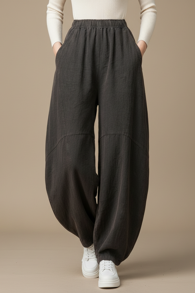 Pantalon Chinois Gris Ample Coton Lin Confortable