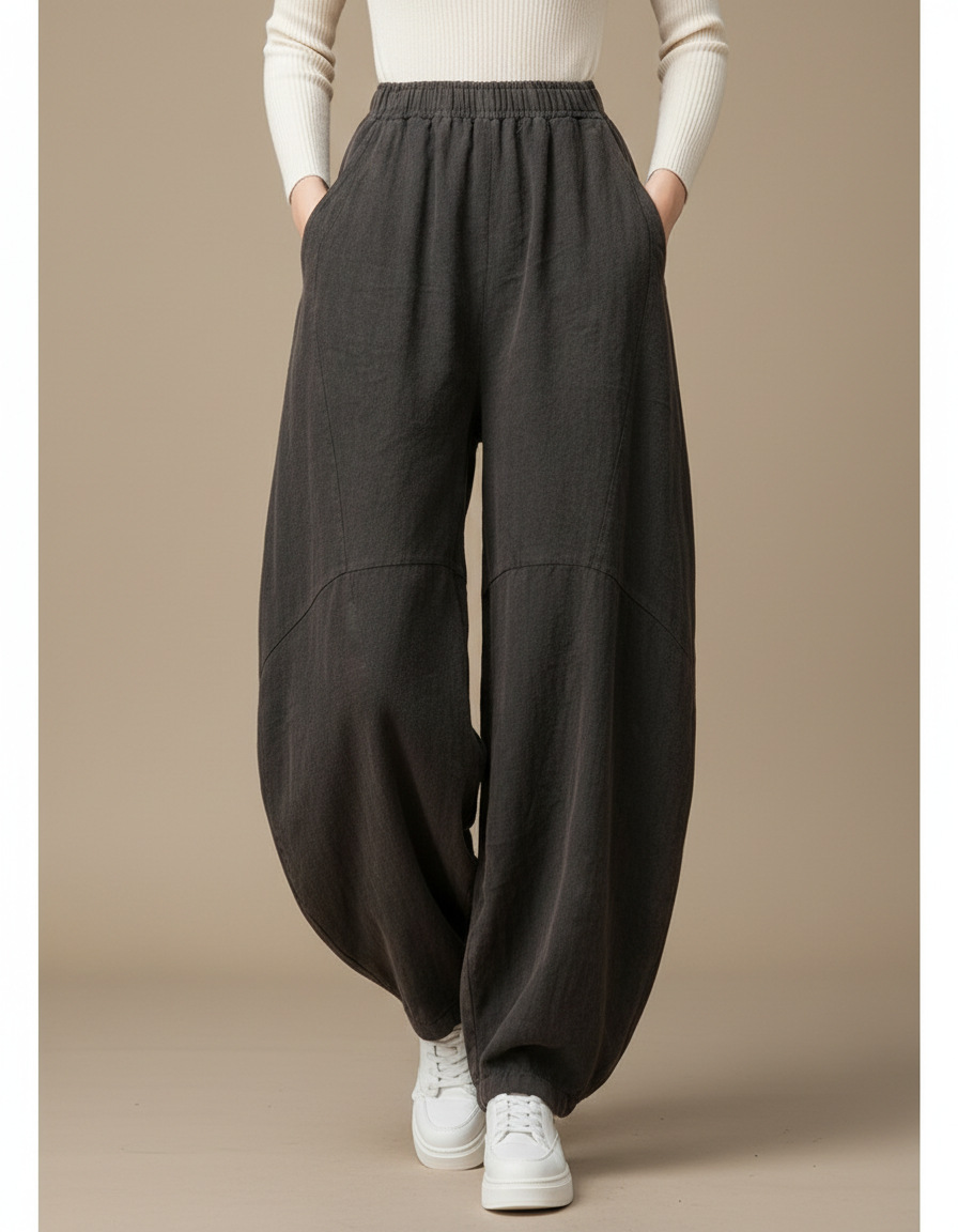 Pantalon Chinois Gris Ample Coton Lin Confortable