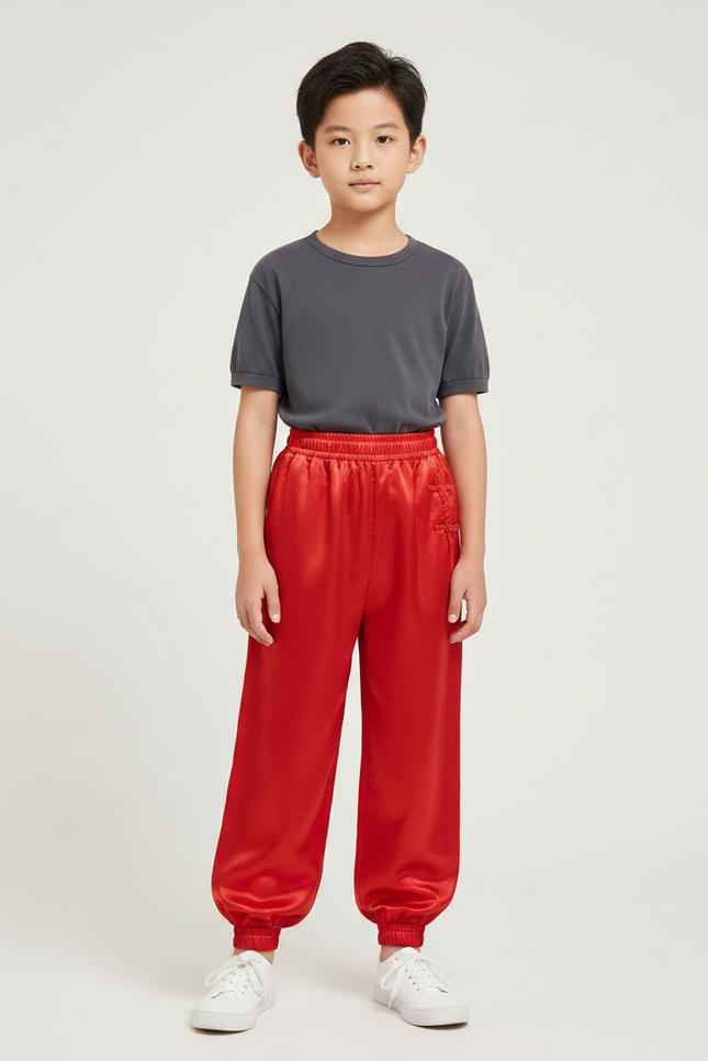 Pantalon Chinois Rouge Satiné Ample Élastiqué Brodé Enfant