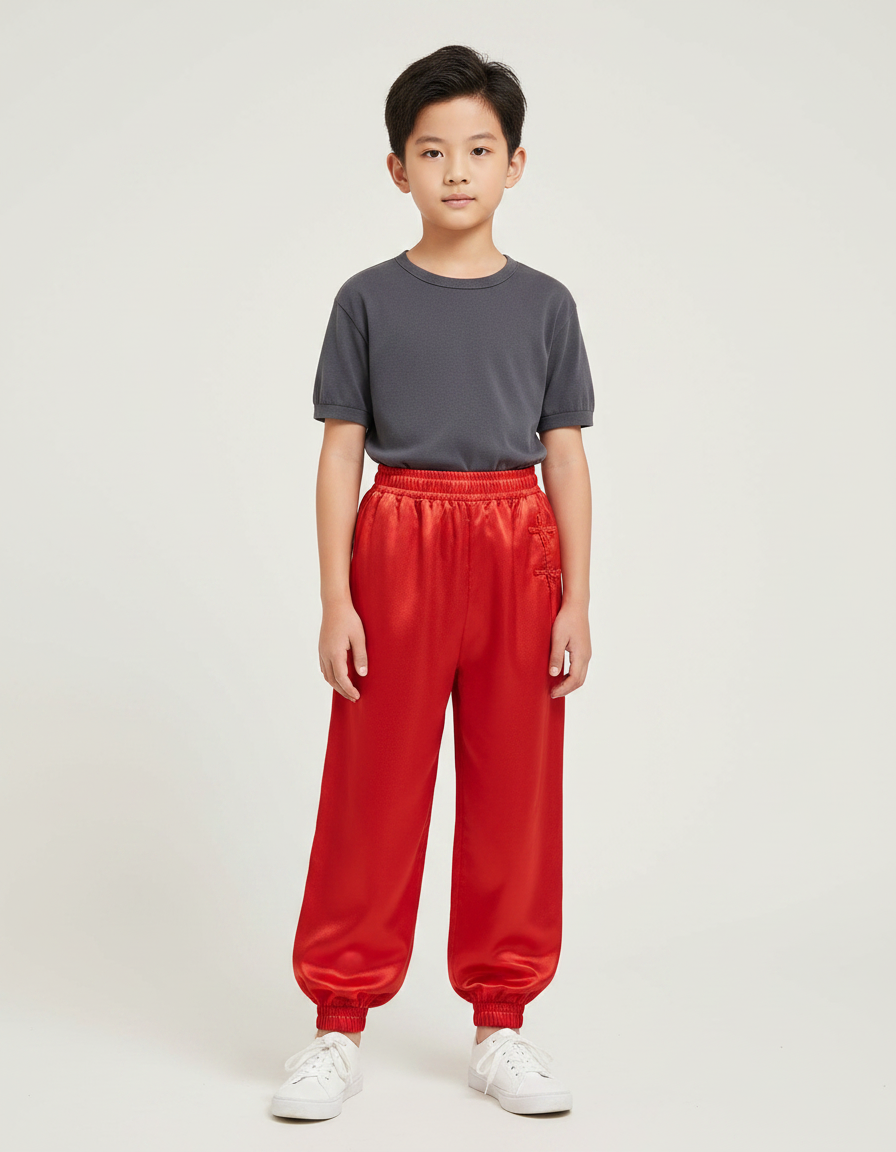 Pantalon Chinois Rouge Satiné Ample Élastiqué Brodé Enfant
