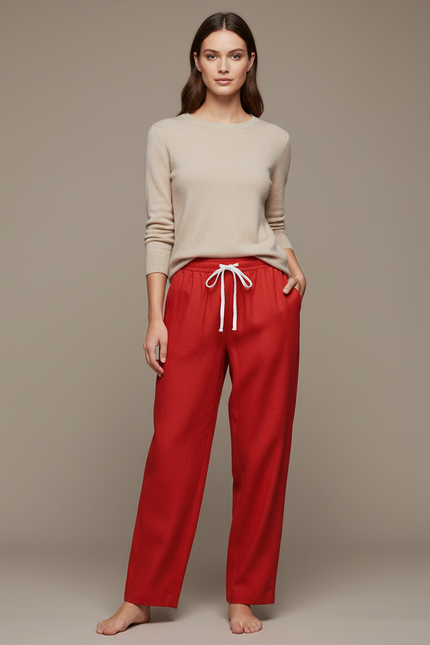 Pantalon Chinois Femme Rouge Ample - Lin