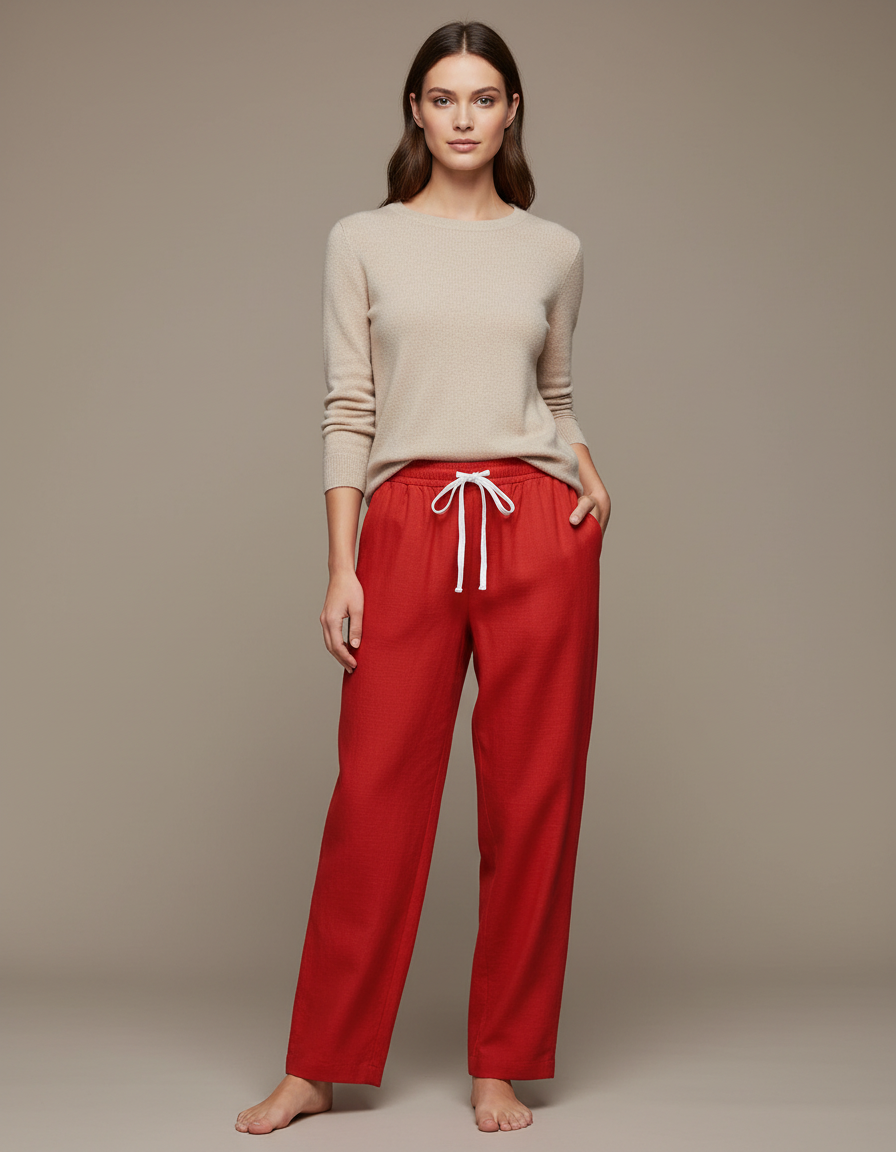 Pantalon Chinois Femme Rouge Ample - Lin