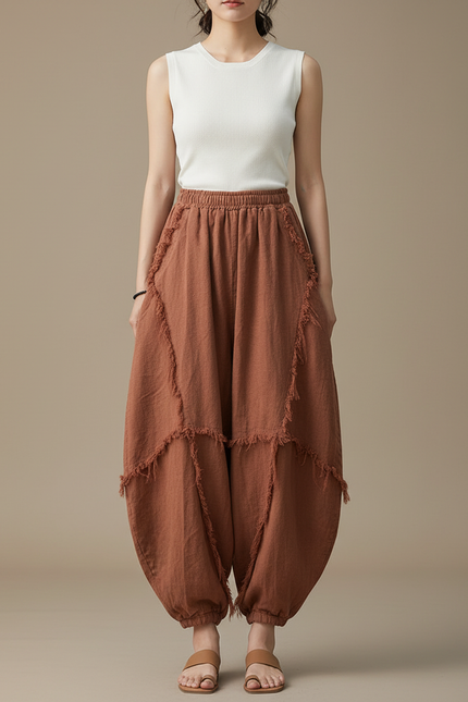Pantalon Chinois Marron Ample Lin Coton Vintage