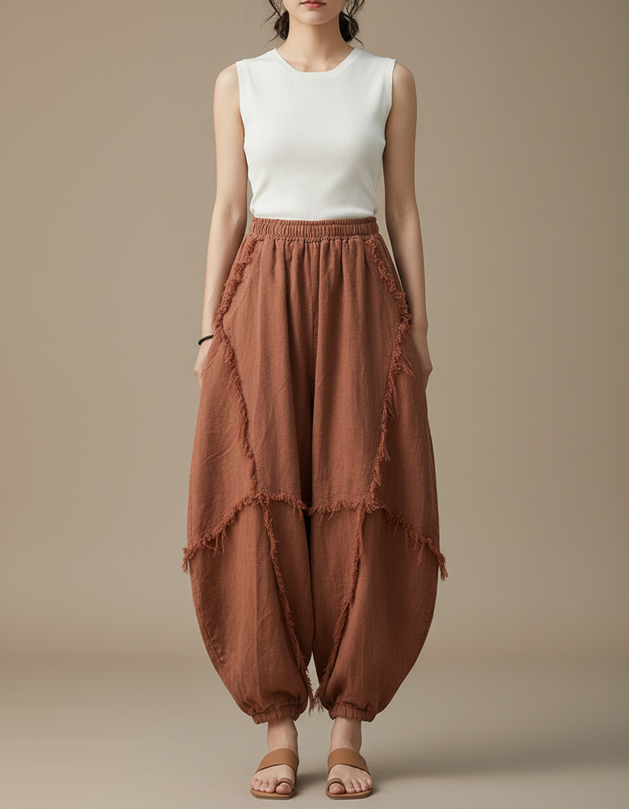 Pantalon Chinois Marron Ample Lin Coton Vintage