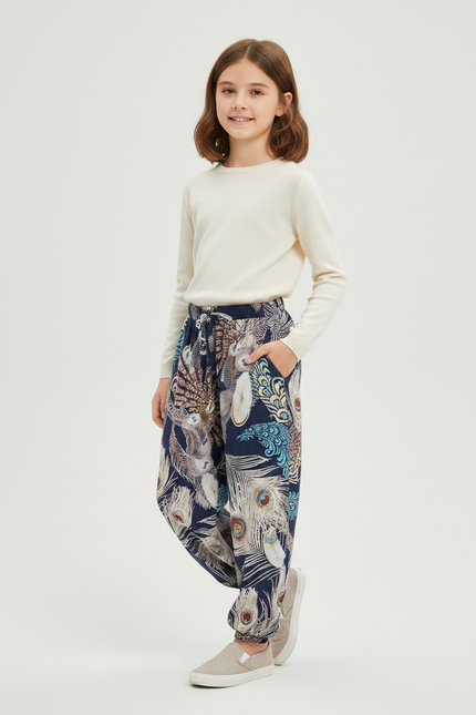 Pantalon Chinois Bleu Paon Fluide Ample Enfant - Multicolore Viscose