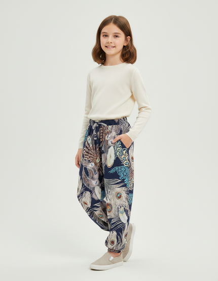Pantalon Chinois Bleu Paon Fluide Ample Enfant - Multicolore Viscose