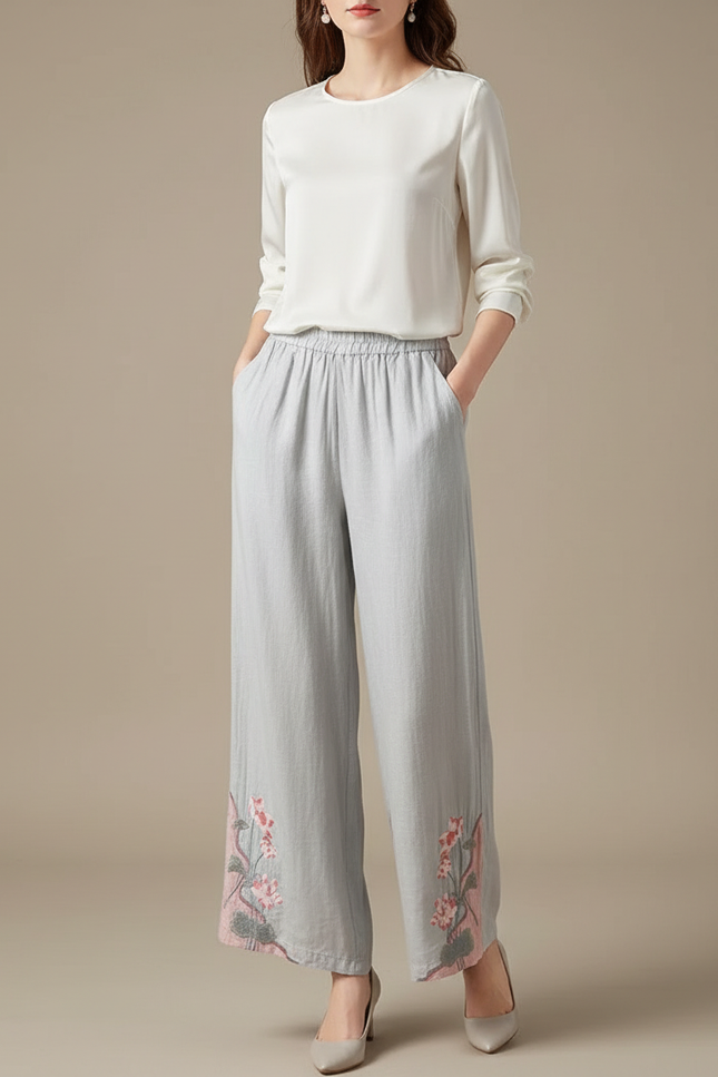 Pantalon Chinois Gris Brodé Floral Ample Fluide Femme - Lin