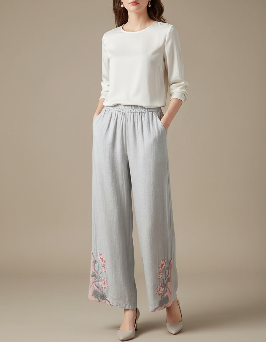 Pantalon Chinois Gris Brodé Floral Ample Fluide Femme - Lin