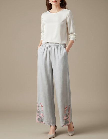 Pantalon Chinois Gris Brodé Floral Ample Fluide Femme - Lin
