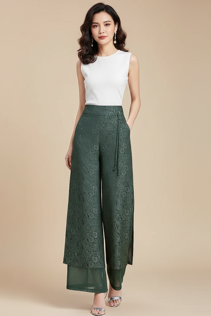 Pantalon Chinois Vert Brodé Ample Fluide Femme - Polyester
