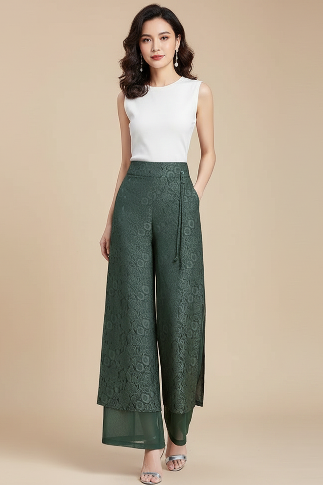 Pantalon Chinois Vert Brodé Ample Fluide Femme - Polyester