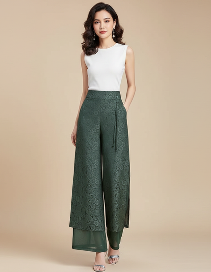 Pantalon Chinois Vert Brodé Ample Fluide Femme - Polyester
