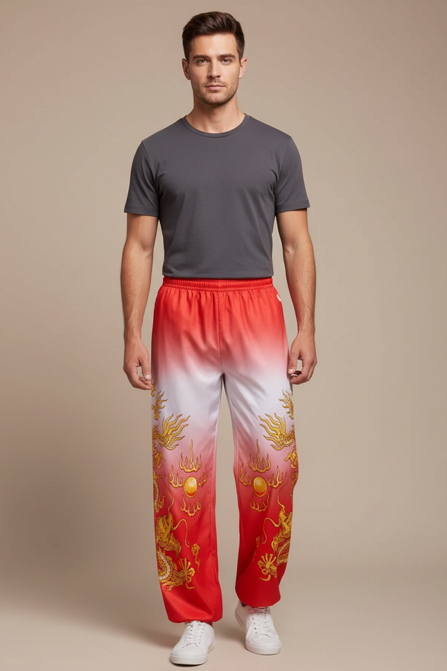 Pantalon Chinois Dégradé Rouge Dragon Doré Ample - Polyester