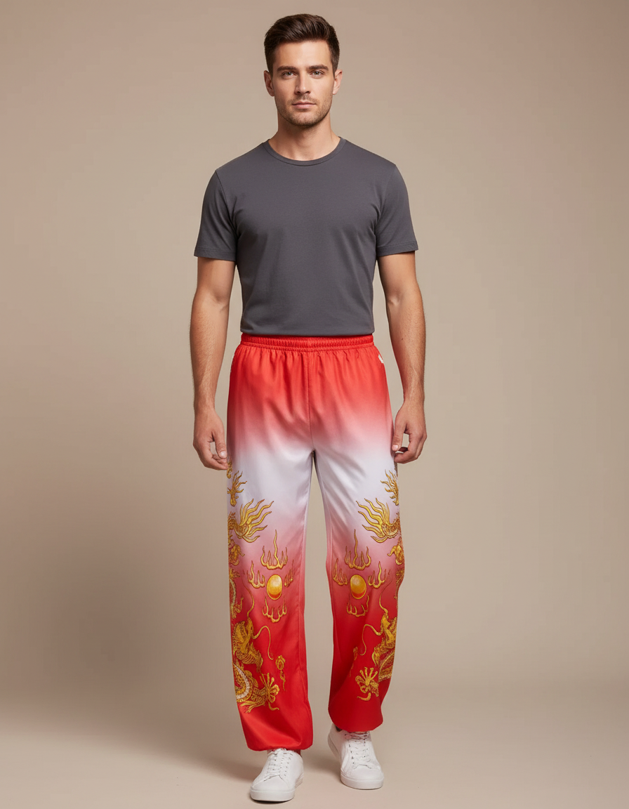 Pantalon Chinois Dégradé Rouge Dragon Doré Ample - Polyester