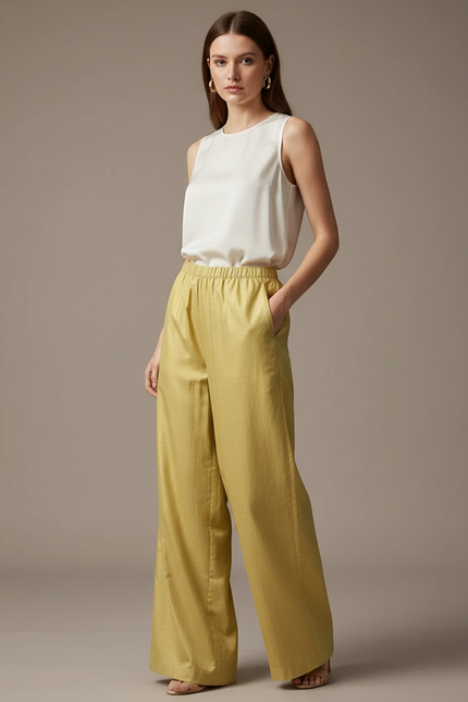Pantalon Chinois Jaune Ample Fluide Décontracté Femme - Lin