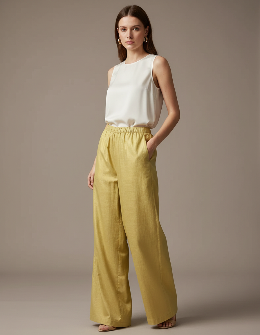 Pantalon Chinois Jaune Ample Fluide Décontracté Femme - Lin