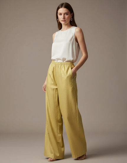 Pantalon Chinois Jaune Ample Fluide Décontracté Femme - Lin
