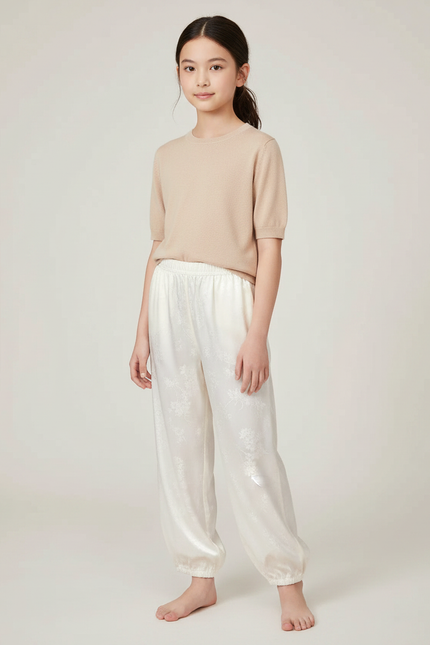 Pantalon Chinois Blanc Satiné Fluide Imprimé Élégant