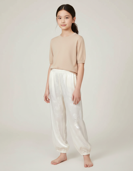 Pantalon Chinois Blanc Satiné Fluide Imprimé Élégant