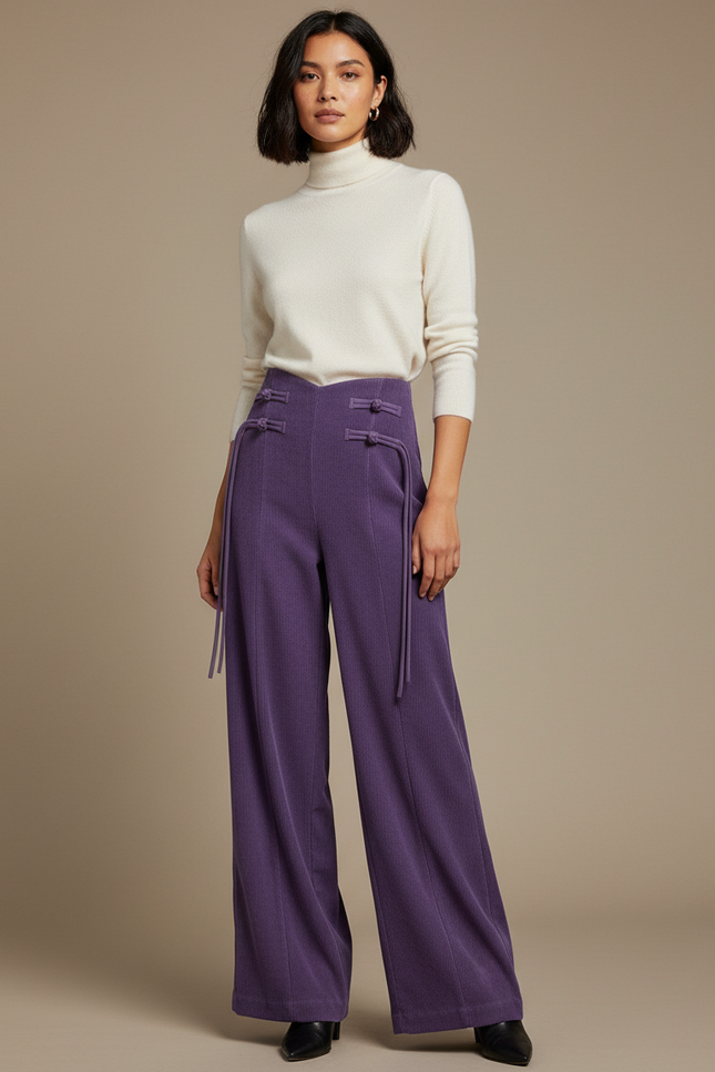 Pantalon Chinois Violet Côtelé Ample Taille Haute - Cordé