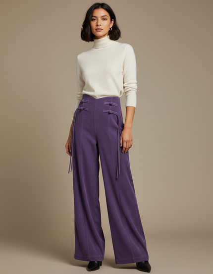 Pantalon Chinois Violet Côtelé Ample Taille Haute - Cordé