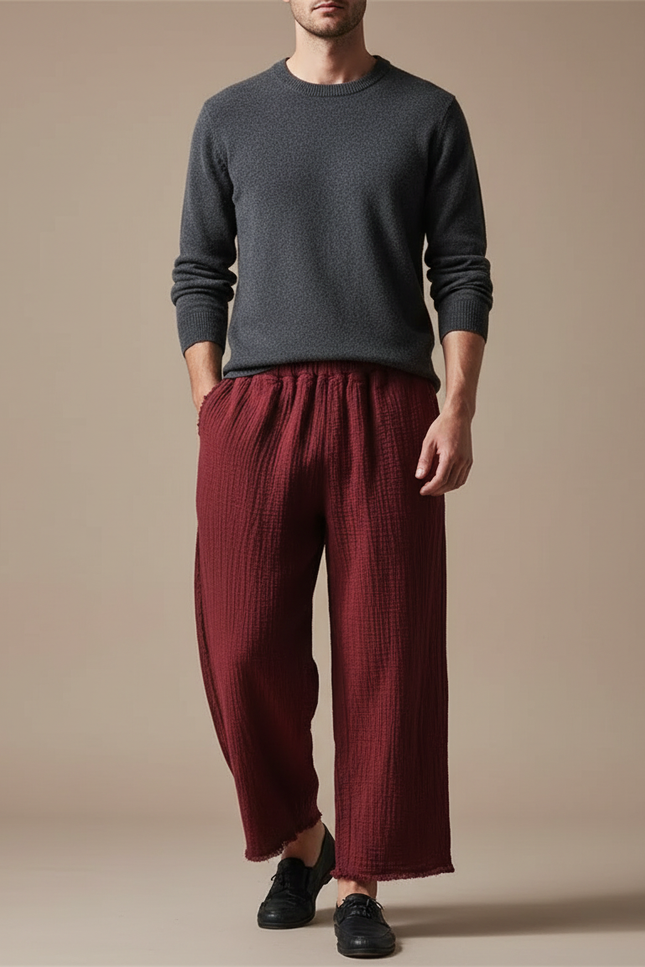 Pantalon Chinois Bordeaux Ample Coton Décontracté