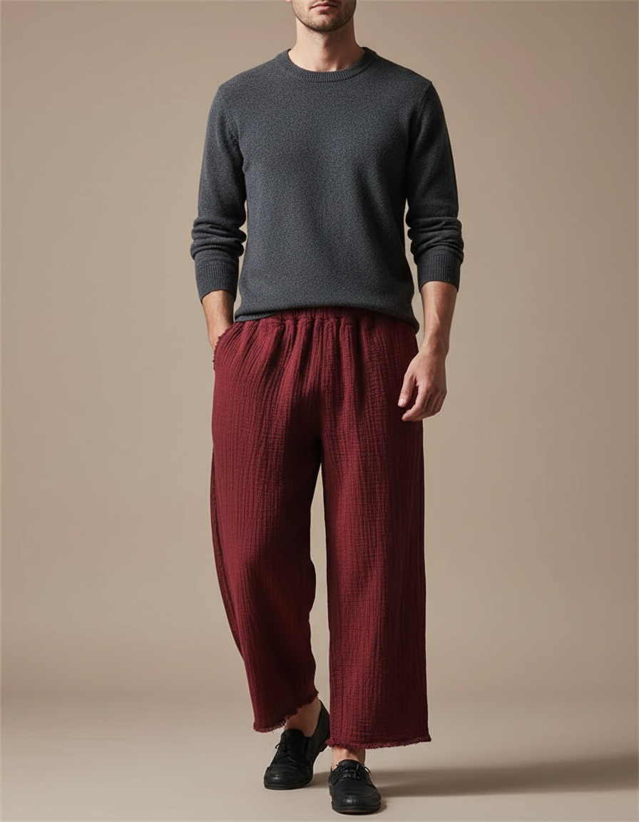 Pantalon Chinois Bordeaux Ample Coton Décontracté
