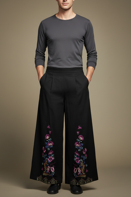 Pantalon Chinois Noir Brodé Ample Vintage Fluide - Viscose