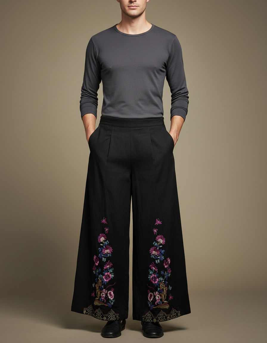 Pantalon Chinois Noir Brodé Ample Vintage Fluide - Viscose