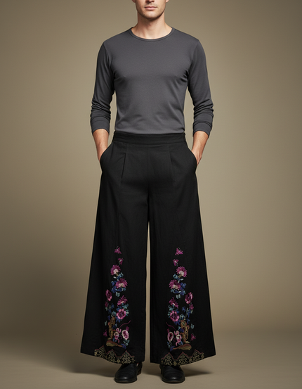 Pantalon Chinois Noir Brodé Ample Vintage Fluide - Viscose