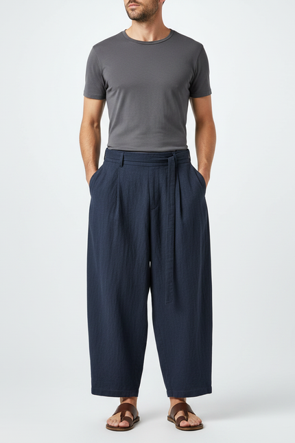Pantalon Chinois Bleu Marine Ample Coton Lin Ceinturé