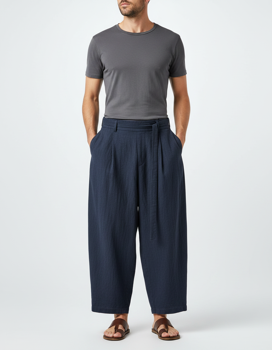 Pantalon Chinois Bleu Marine Ample Coton Lin Ceinturé
