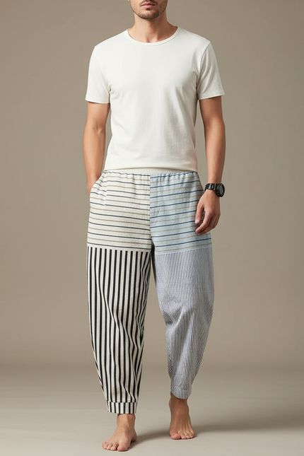 Pantalon Chinois Rayé Ample Décontracté Coton Lin - Multicolore