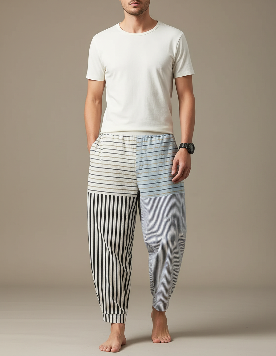 Pantalon Chinois Rayé Ample Décontracté Coton Lin - Multicolore