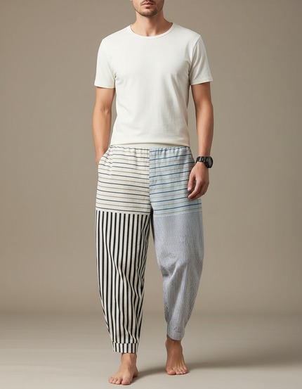 Pantalon Chinois Rayé Ample Décontracté Coton Lin - Multicolore