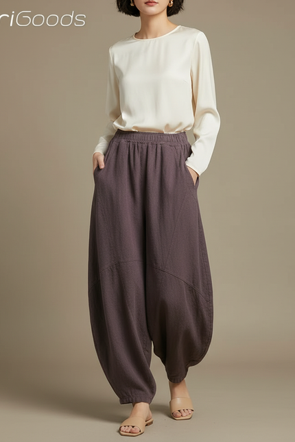 Pantalon Chinois Ample Lin Coton Sarouel Marron Confortable - Violet