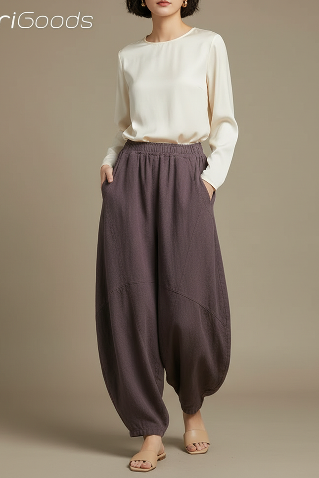 Pantalon Chinois Ample Lin Coton Sarouel Marron Confortable - Violet