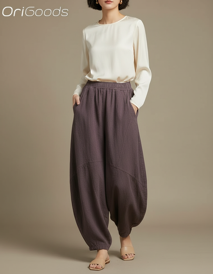 Pantalon Chinois Ample Lin Coton Sarouel Marron Confortable - Violet