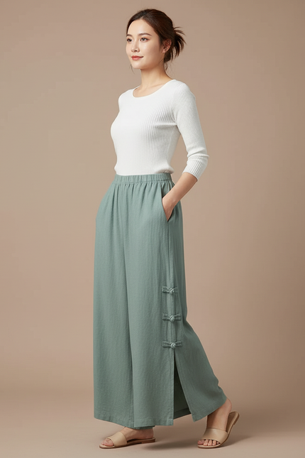 Pantalon Chinois Vert Sauge Lin Ample Boutons Latéraux