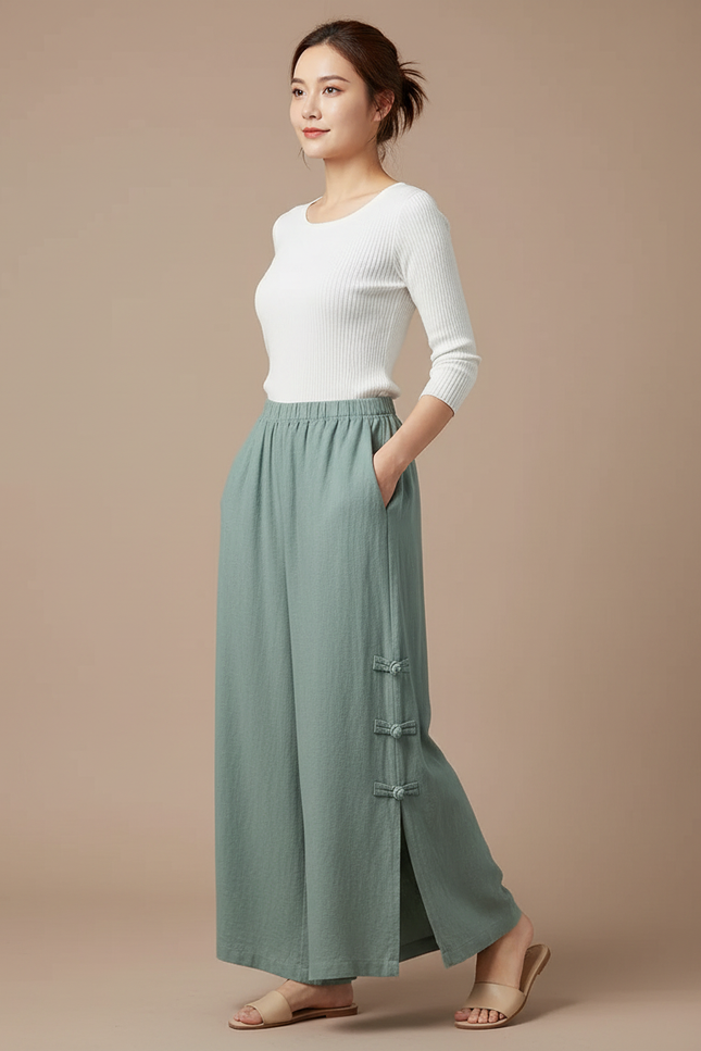 Pantalon Chinois Vert Sauge Lin Ample Boutons Latéraux