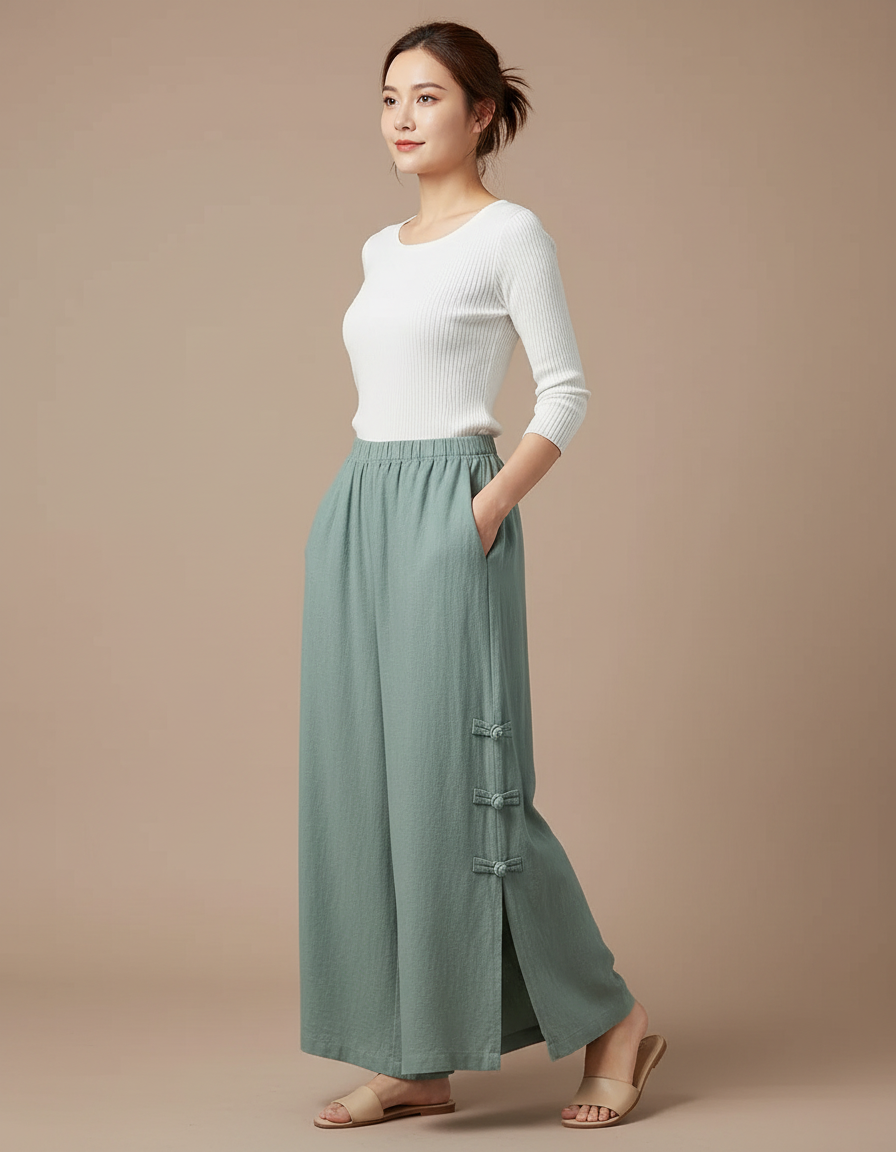 Pantalon Chinois Vert Sauge Lin Ample Boutons Latéraux