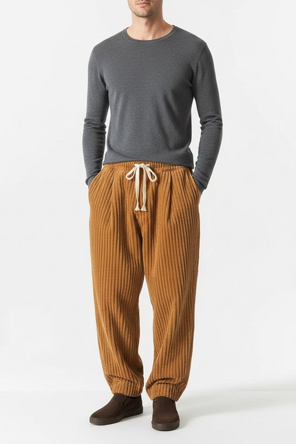Pantalon Chinois Côtelé Marron Ample Décontracté Homme - Camel Cordé