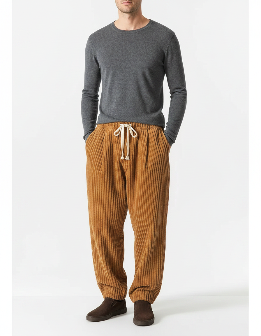 Pantalon Chinois Côtelé Marron Ample Décontracté Homme - Camel Cordé