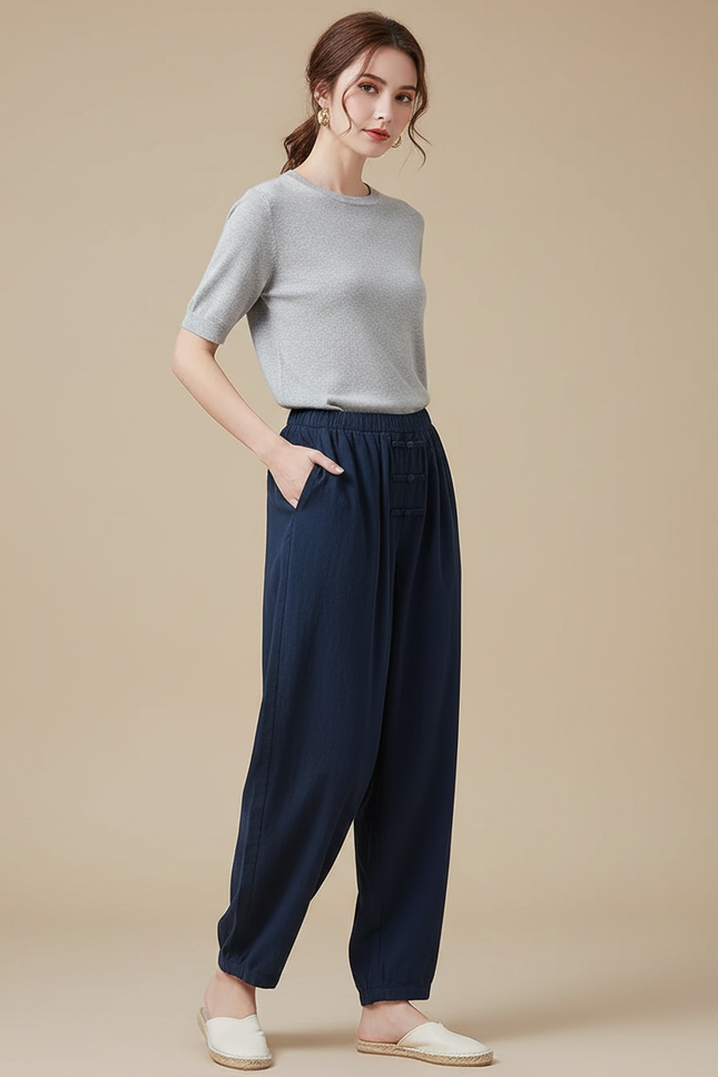 Pantalon Chinois Bleu Marine Ample Coton Lâche Femme