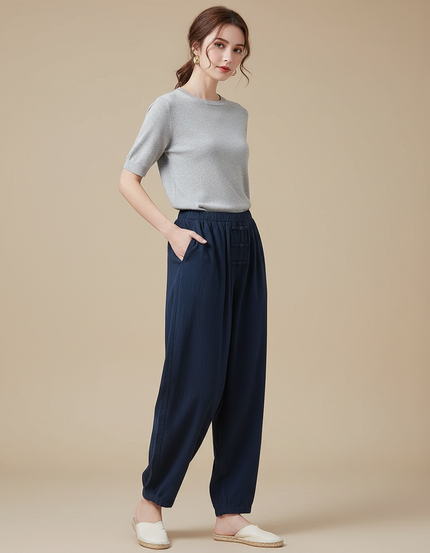 Pantalon Chinois Bleu Marine Ample Coton Lâche Femme